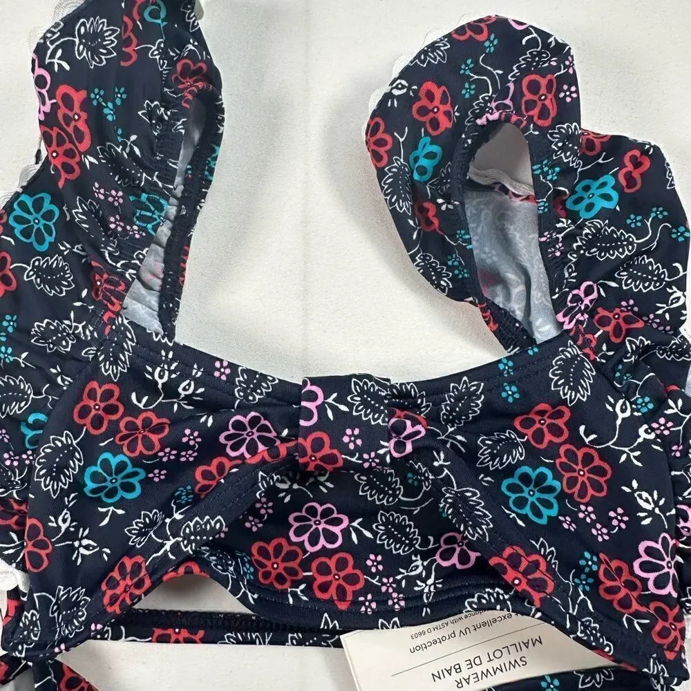 NWT Janie & Jack Baby Girl Two Piece Swimsuit Navy Ruffle Floral - Size 12-18M